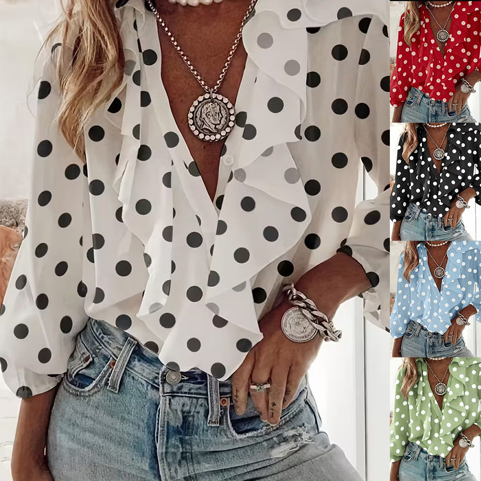 Damen Polka-Dot Langarm-Shirt mit V-Ausschnitt