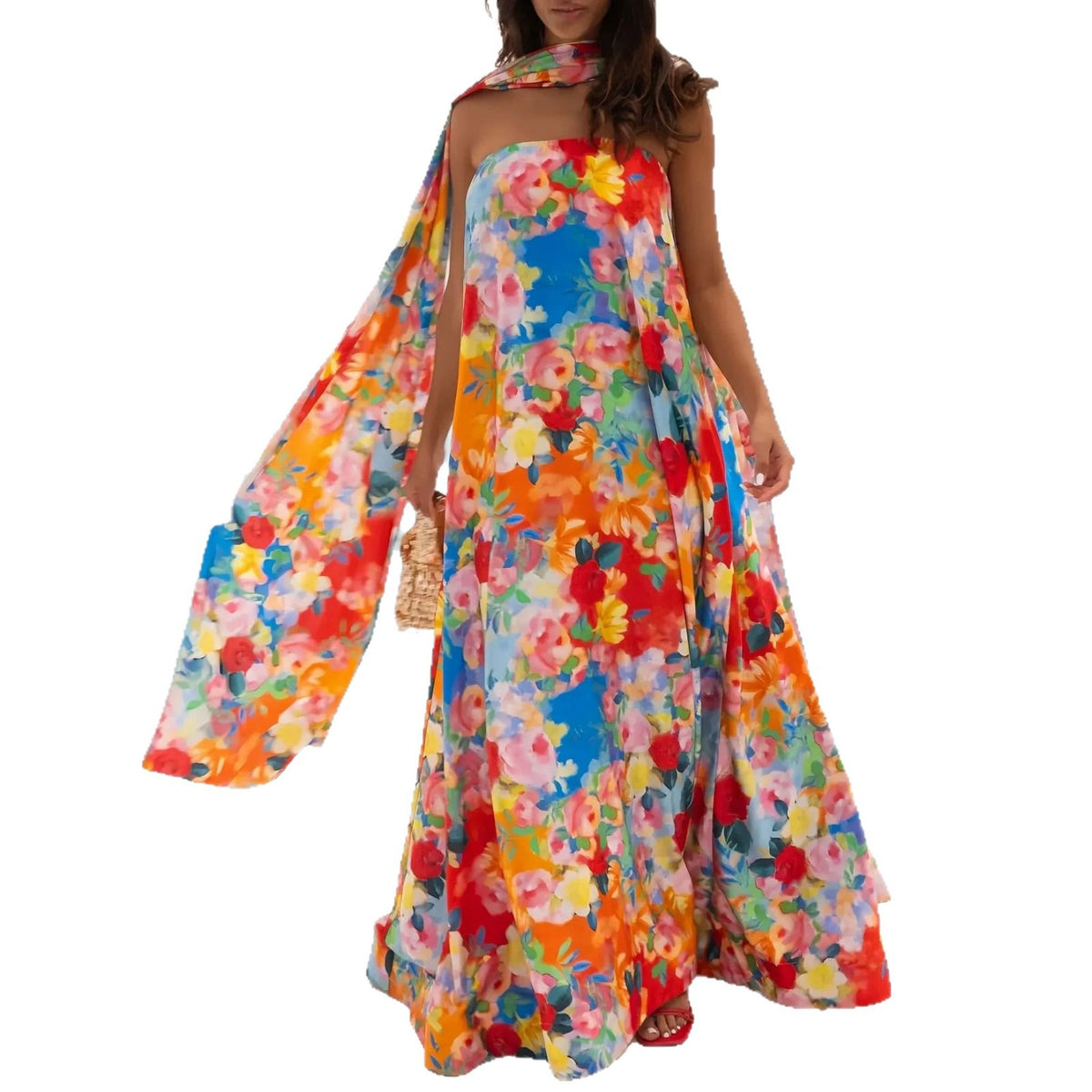 Gemustertes Maxi-Trägerkleid mit Bindegürtel – Bild 4 | LuxeStyle