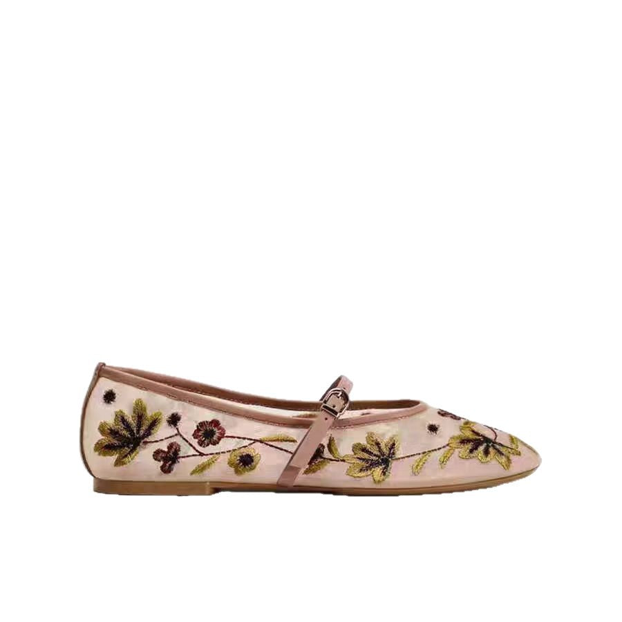 Rundzehen Blumenstickerei Mesh Flachschuhe