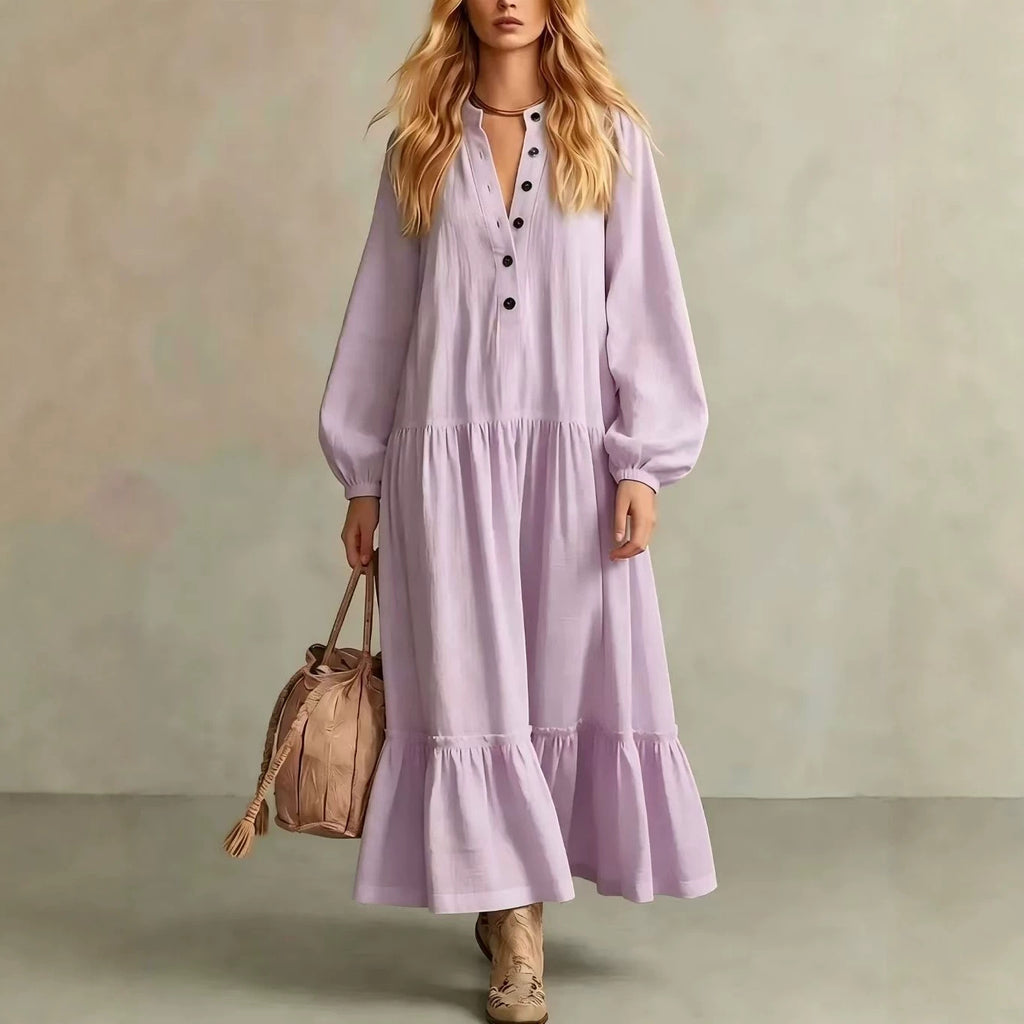 Langes Baumwoll-Leinenkleid mit Stehkragen – Bild 8 | LuxeStyle