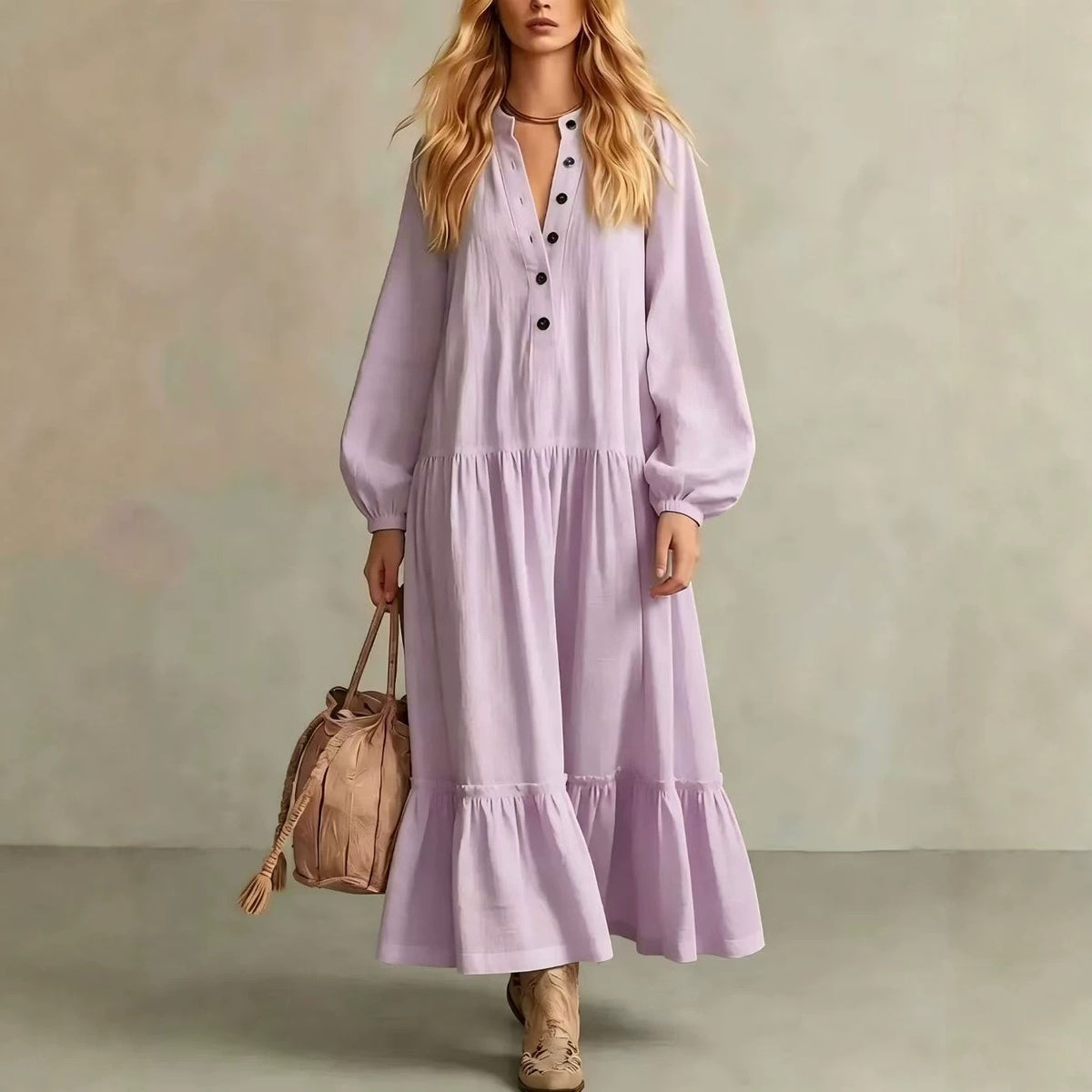 Langes Baumwoll-Leinenkleid mit Stehkragen – Bild 8 | LuxeStyle