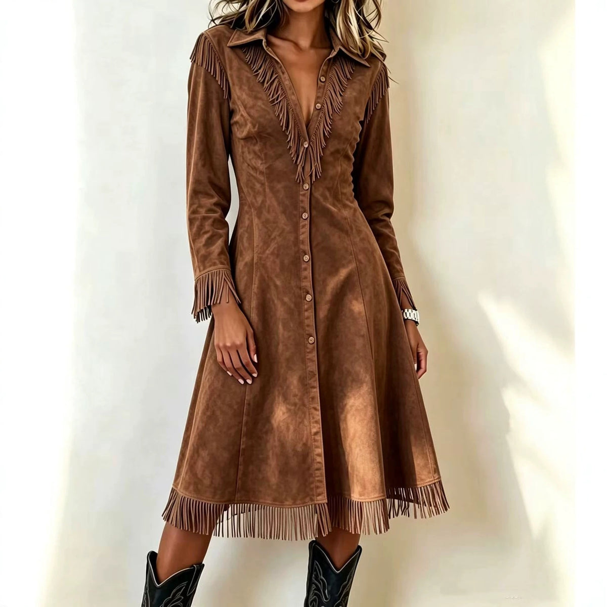 Schlank geschnittenes Langarmkleid mit Quasten – Bild 3 | LuxeStyle