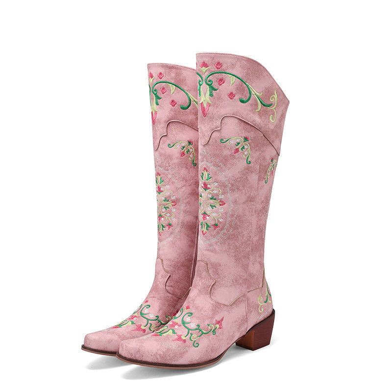 Chunky-Heel Retro Western Mid-Calf Boots