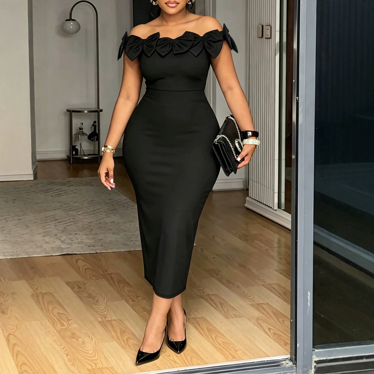 Schwarzes Bodycon-Kleid mit Schulterfrei und Schleife – Bild 5 | LuxeStyle