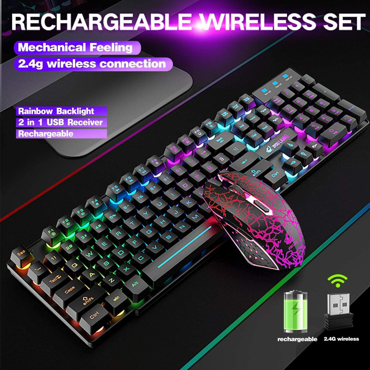 Kabelloses Gaming-Tastatur & Maus Set mit Rainbow-Beleuchtung
