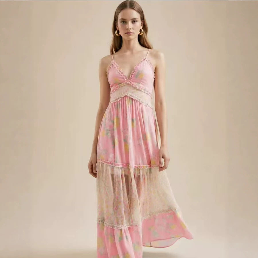 Geblümtes Chiffonkleid mit V-Ausschnitt