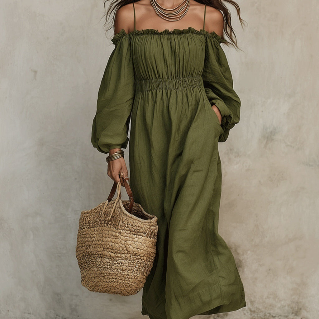 Damen Off-Shoulder Langarm Weit Schnittkleid