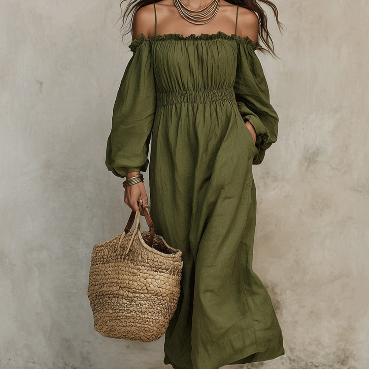 Damen Off-Shoulder Langarm Weit Schnittkleid