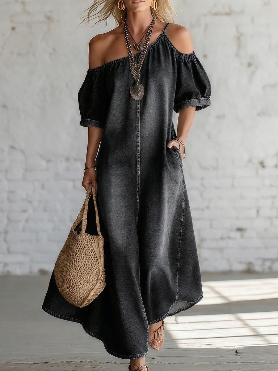 Chic Off-Shoulder Jeans-Maxikleid mit Schlitz – Bild 2 | LuxeStyle