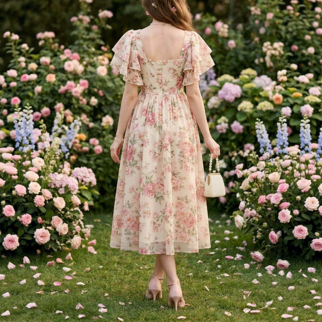 Blumenprint-Midi mit Volantsärmeln und A-Silhouette – Bild 5 | LuxeStyle