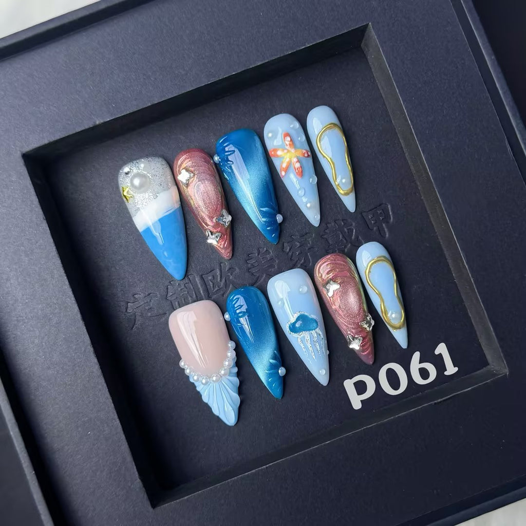 Handbemalte 3D-Nagelsticker «Meeresmuster»