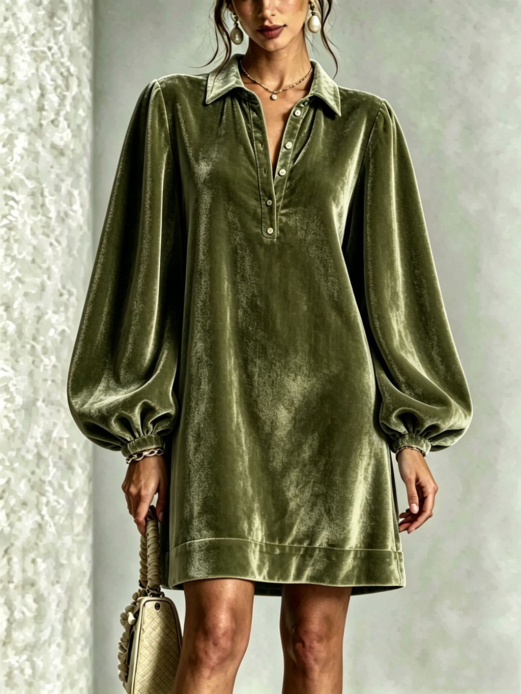 Elegantes Samtblusen-Kleid mit Laternenärmel – Bild 7 | LuxeStyle