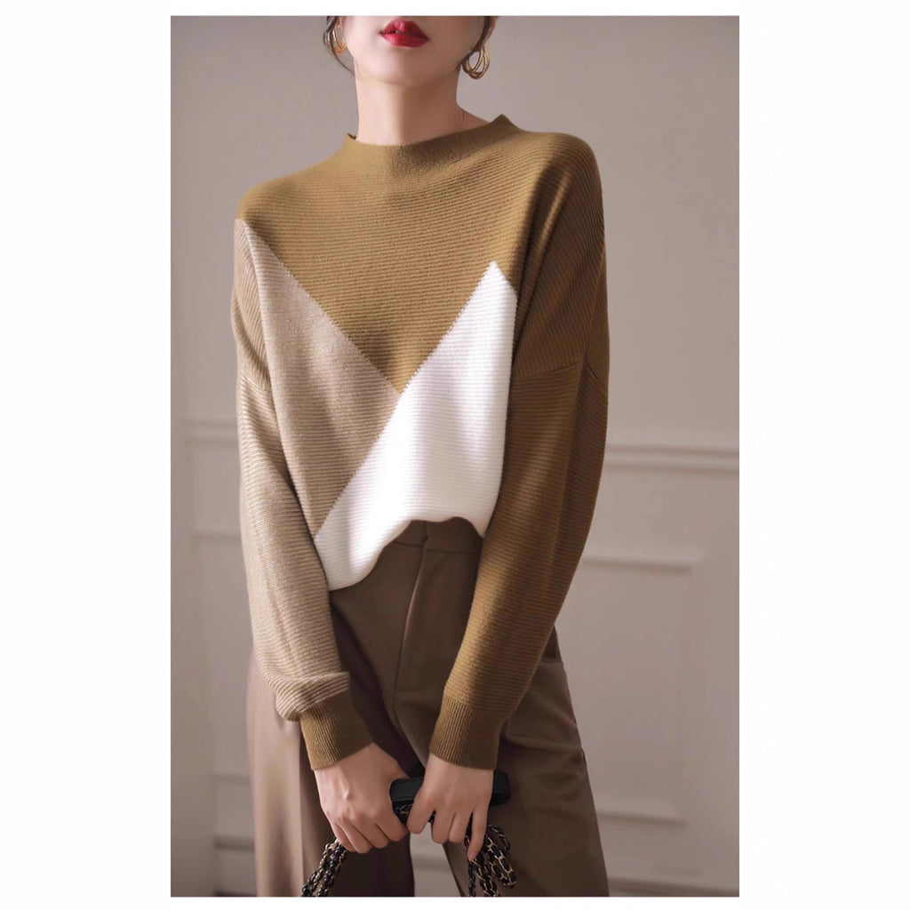 Vielseitiger Farbblock Rollkragenpullover aus Wolle