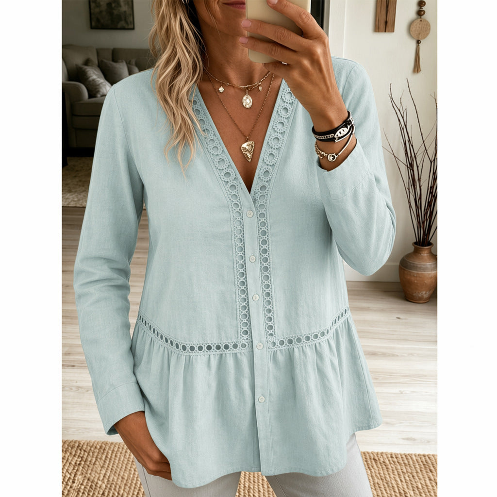 Casual Einfarbiges Langarm-Shirt mit Spitzendesign