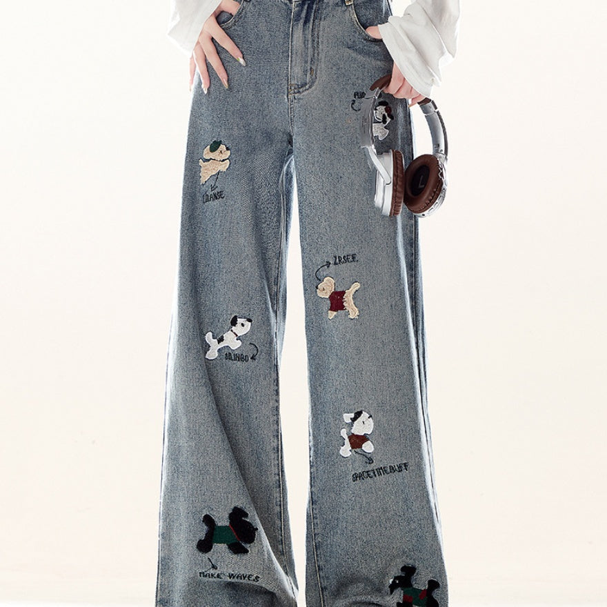 Rustikale Bestickte Denim Jeans mit Hundemotiv
