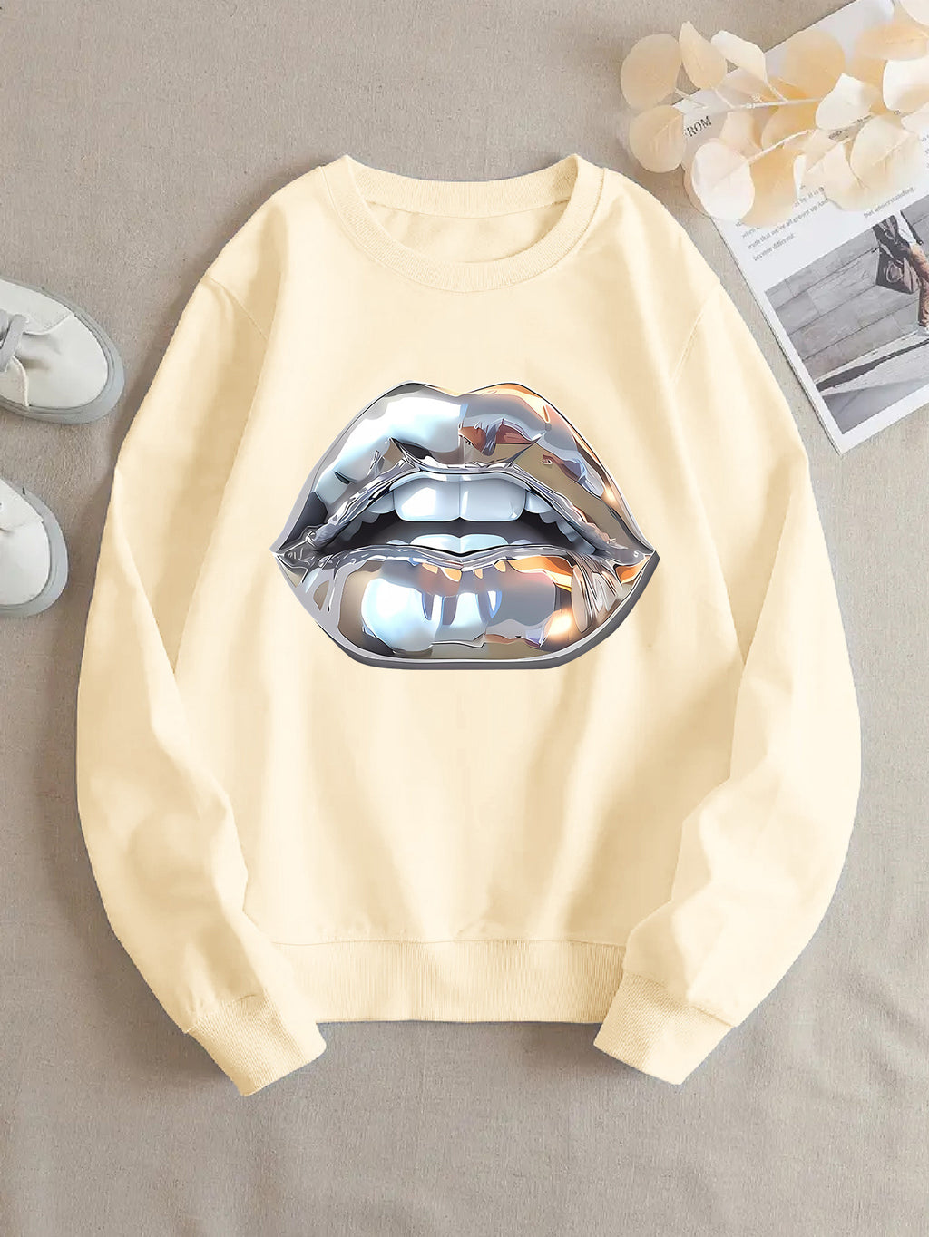 Cartoon Sweatshirt mit Lippen-Print für Damen