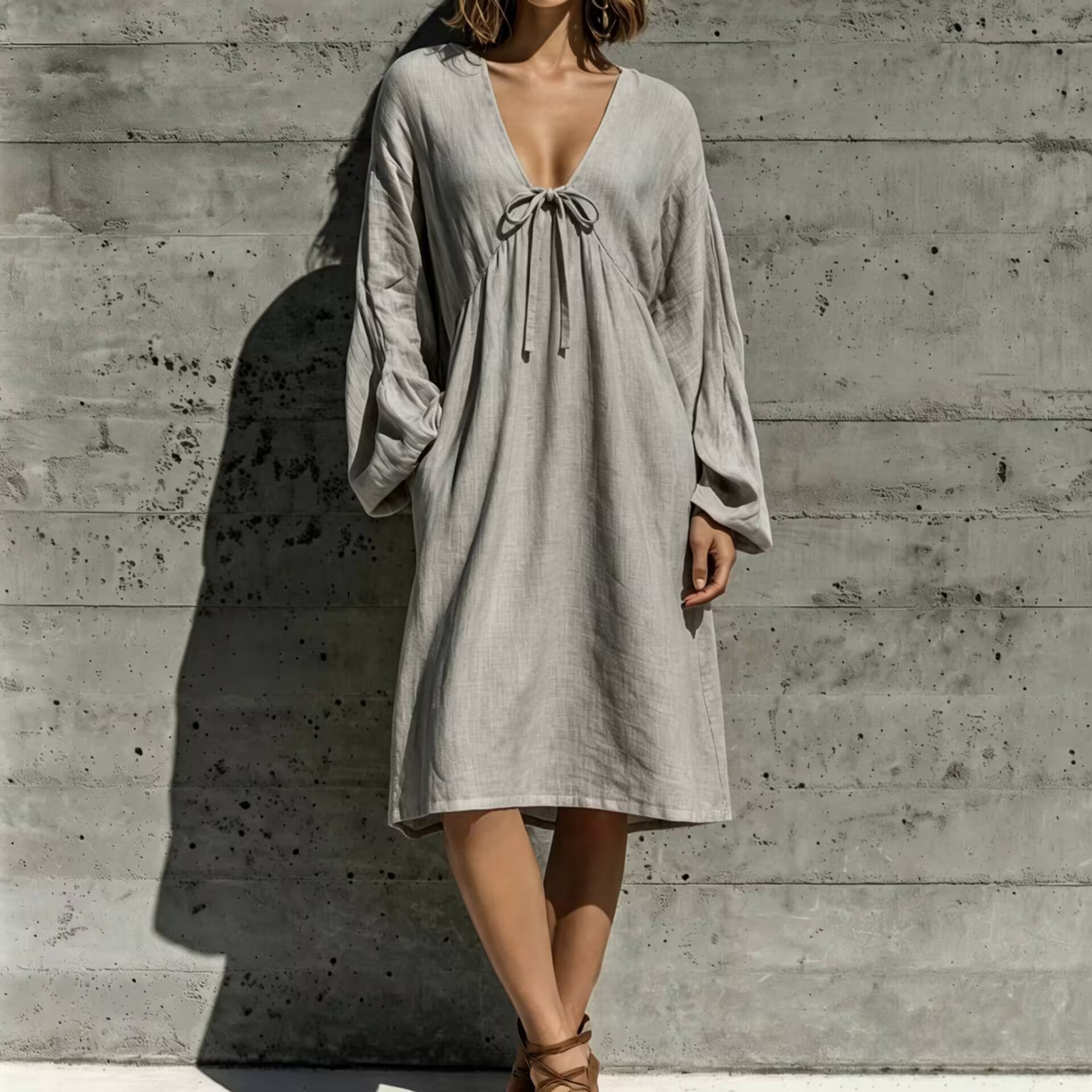V-Ausschnitt Schnürkleid aus Baumwoll-Leinen