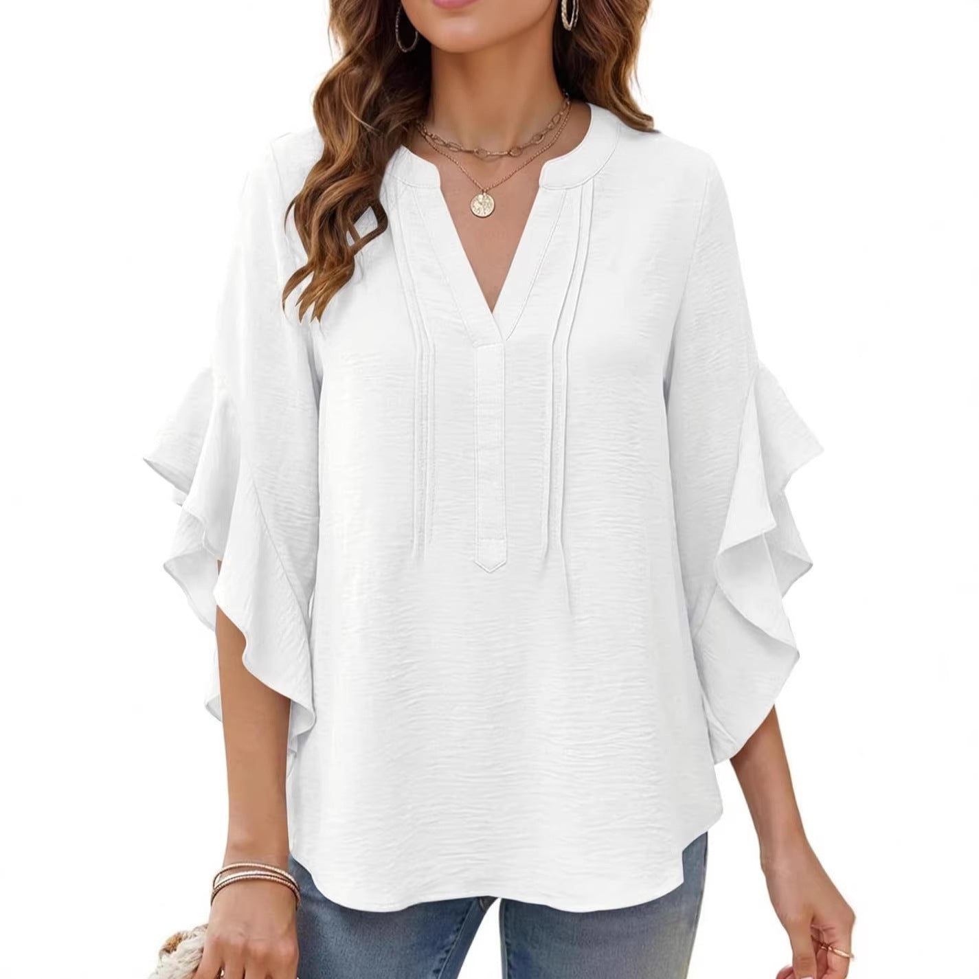V-Ausschnitt Bluse mit Rüschen und 3/4-Ärmeln