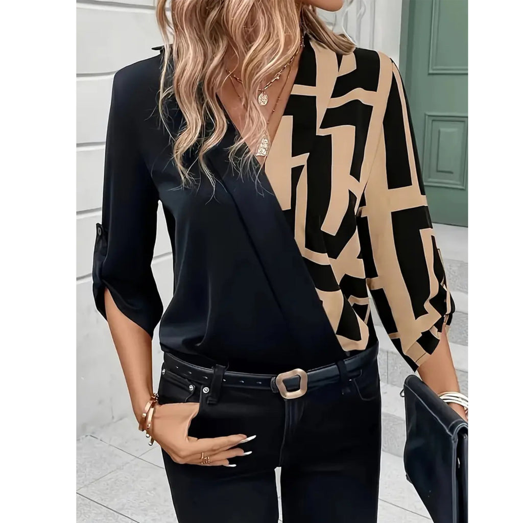Schwarzes Casual V-Neck Shirt mit Patchwork – Bild 5 | LuxeStyle