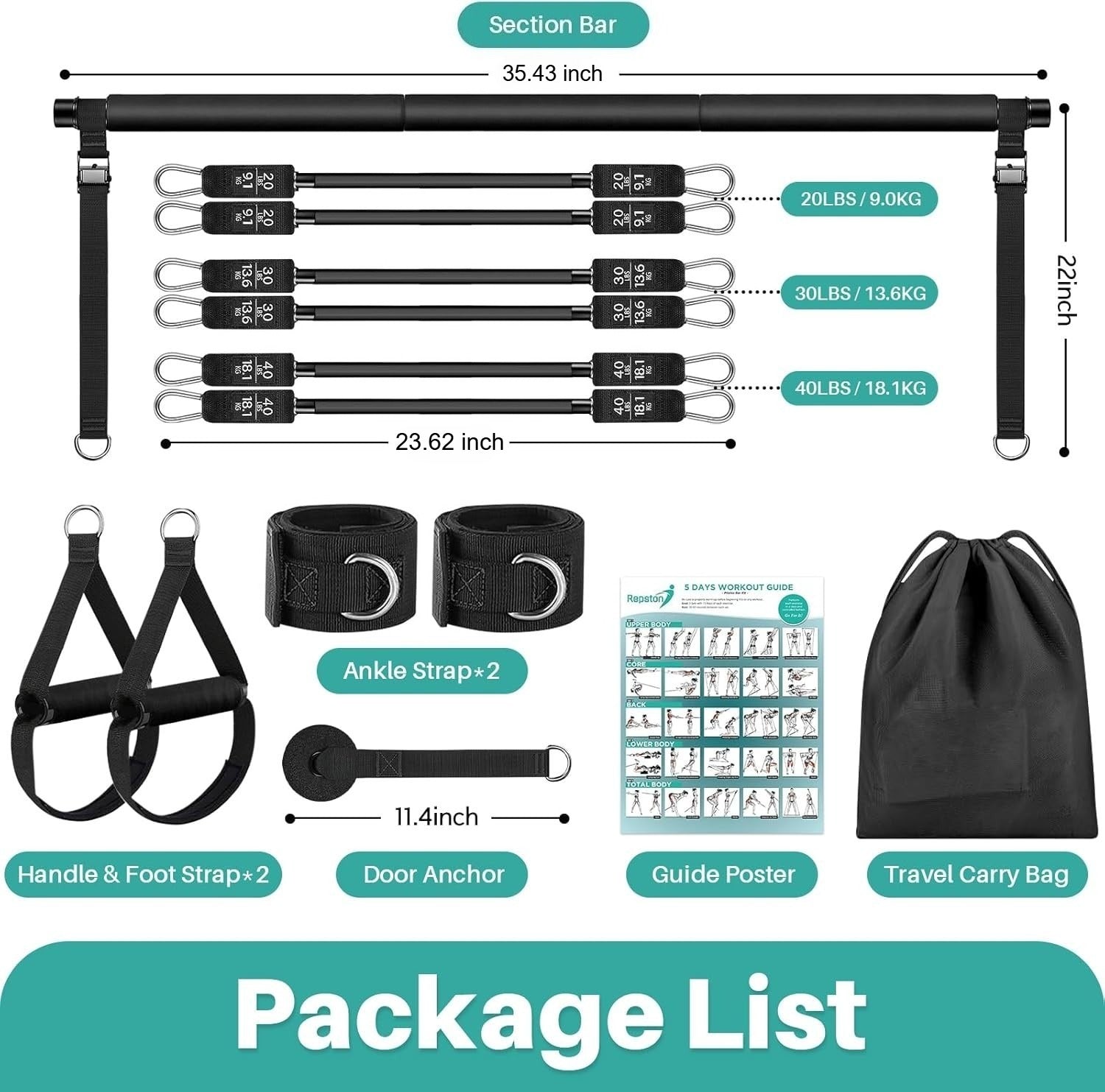 Pilates Bar Set mit 6 Widerstandsbändern