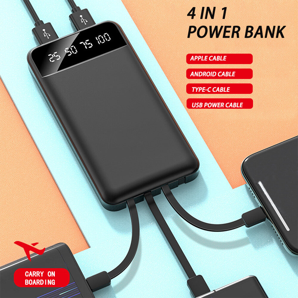XXL-Powerbank mit 4 USB-Ports & 3 integrierten Ladekabeln