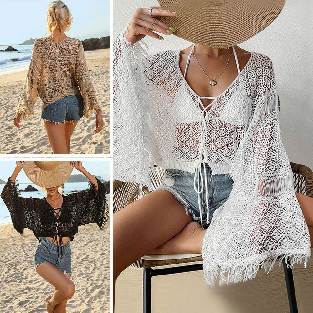 Strand-Cover-up mit Muschelmuster und Fransen