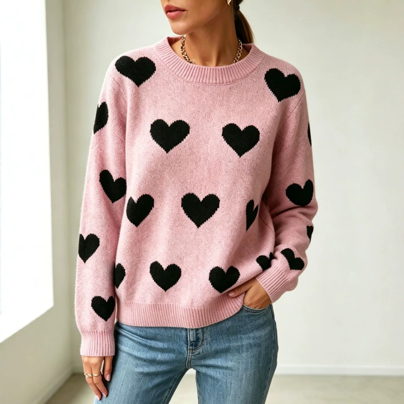 Vielseitiger Langarm-Strickpullover mit Rippenmuster