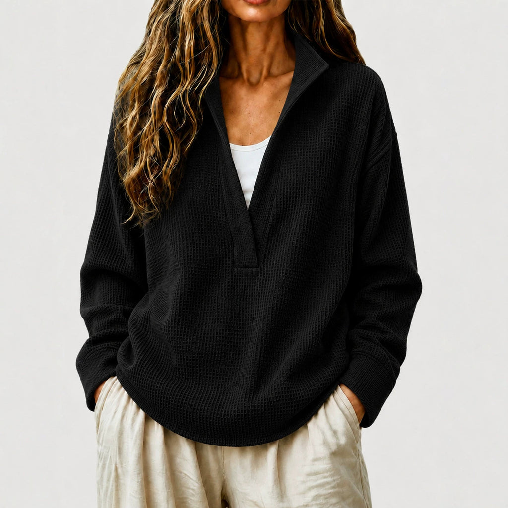 Waffelstrick V-Ausschnitt Langarm-Sweatshirt