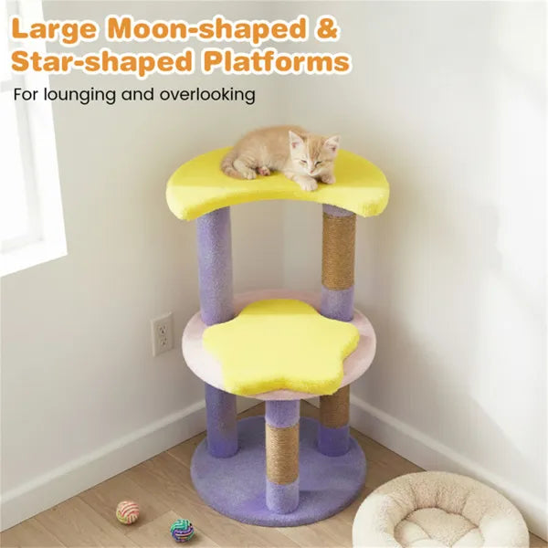 Katzenbaum mit 4 Ebenen, Mond & Sterne – Lila