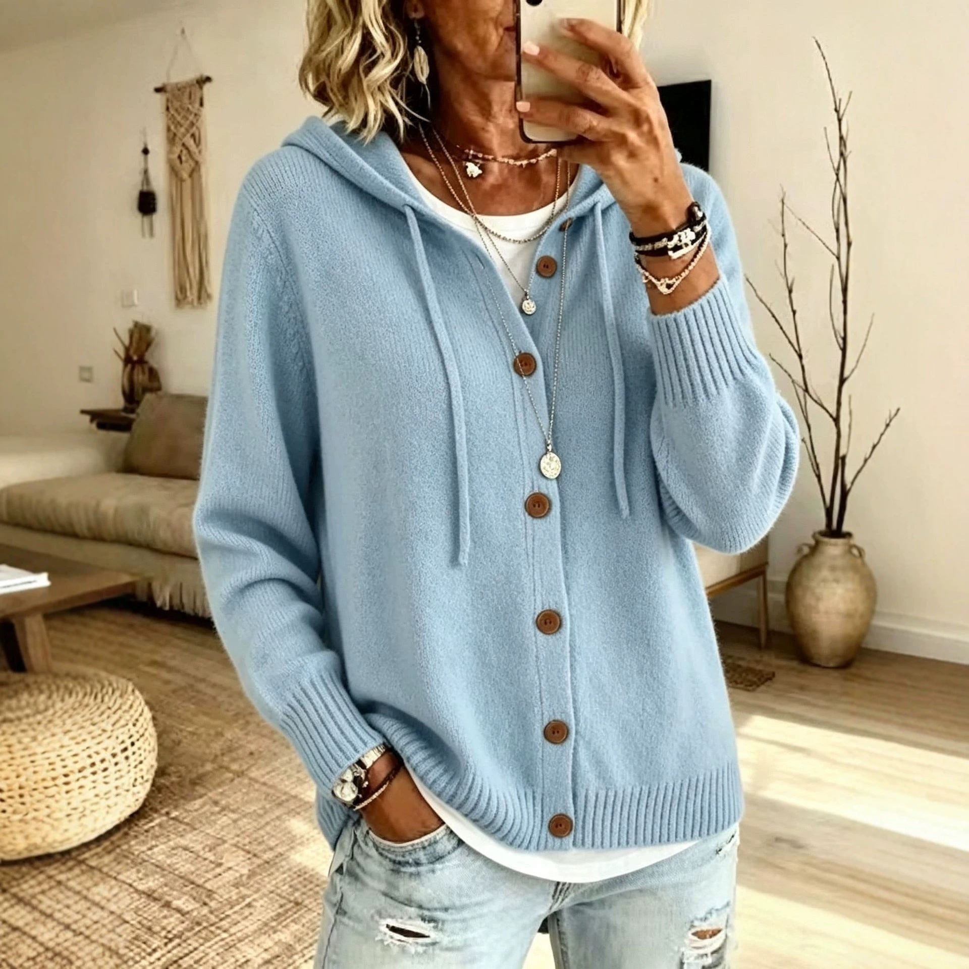 Kapuzen-Cardigan mit Strickknöpfen