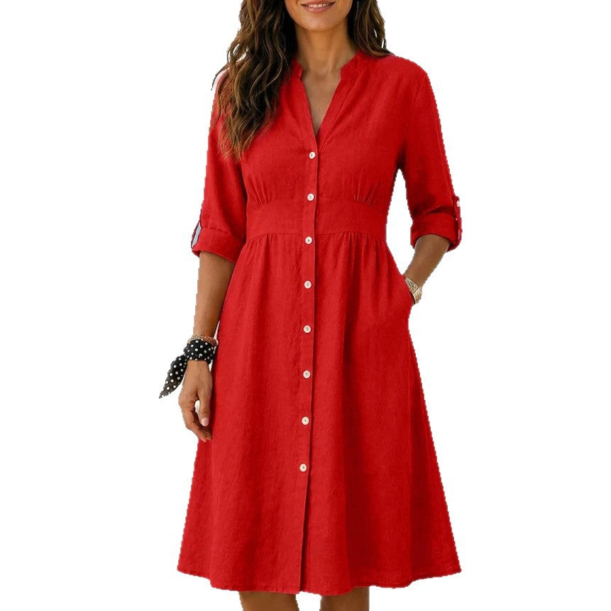 Langärmliges Leinen-Kleid mit Knopfleiste