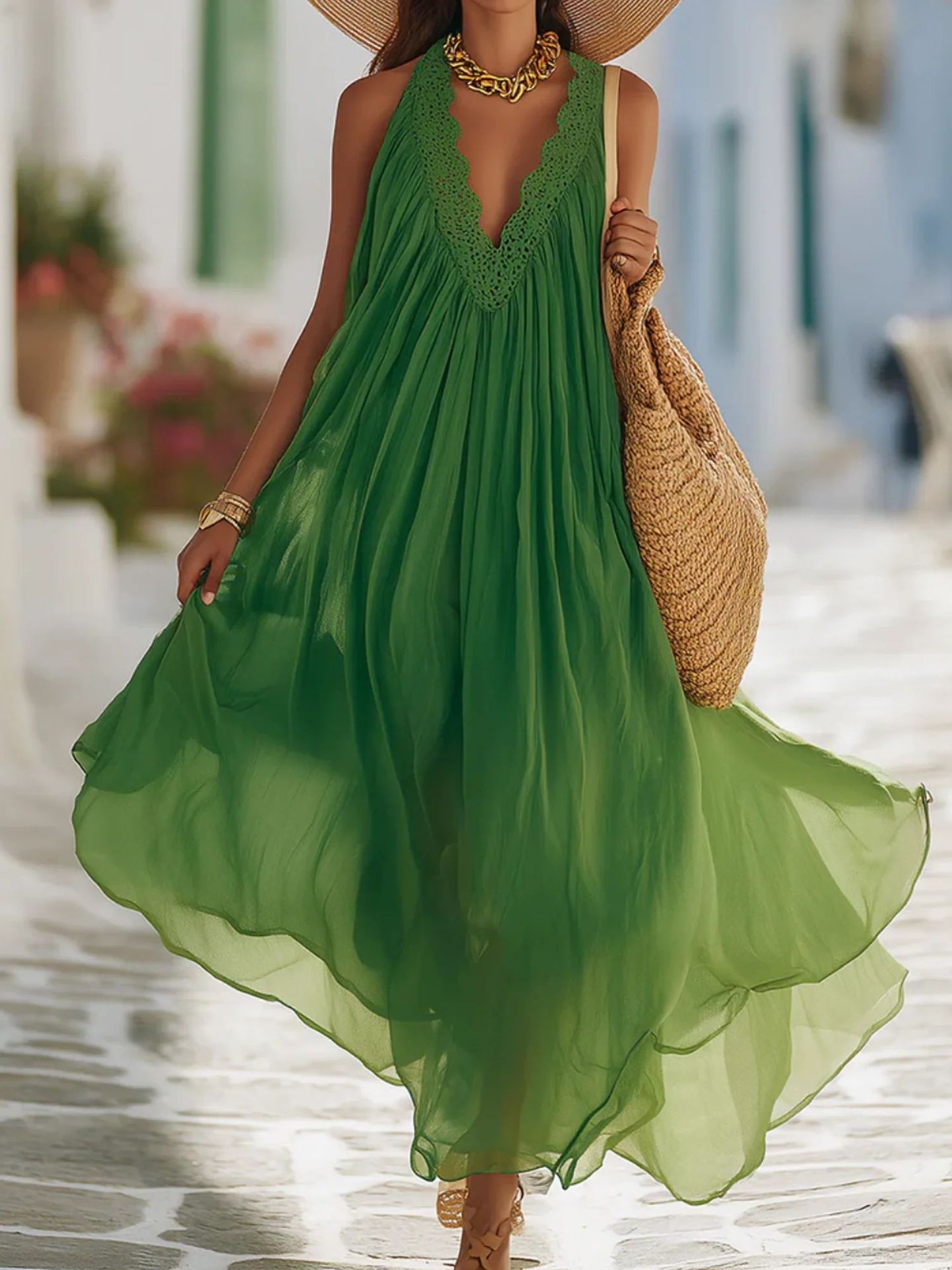 Off-Shoulder-Sommerkleid «Brise» in Grün, Damen – LuxeStyle