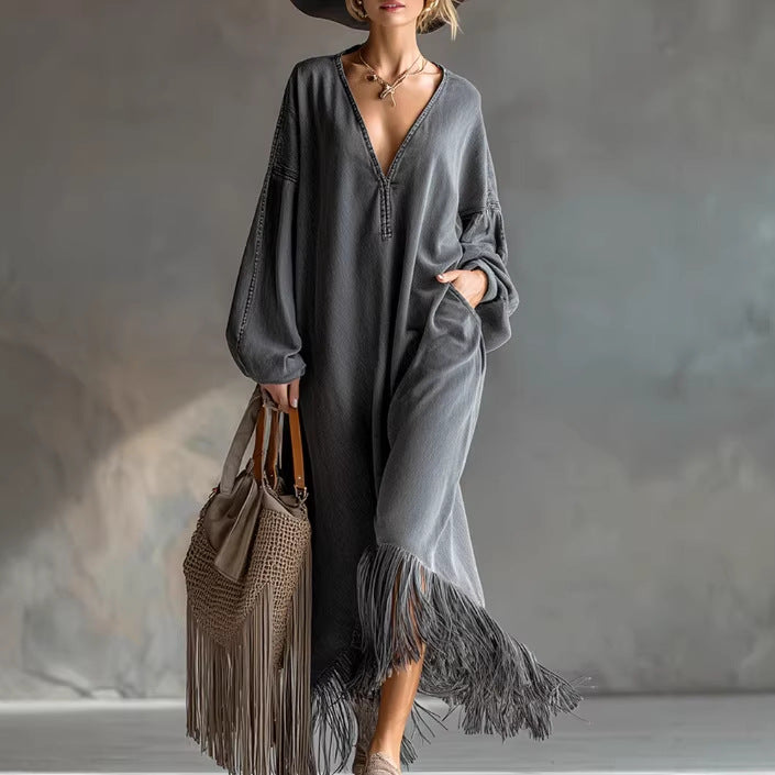 Graues Denim-Kleid mit Fledermausärmeln | LuxeStyle