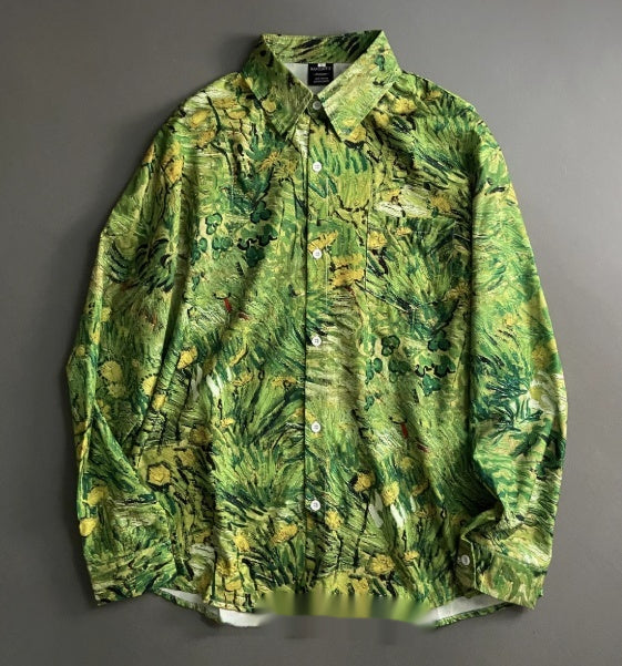 Grünblaues Pflanzenöl-Malerei-Shirt mit langen Ärmeln | LuxeStyle