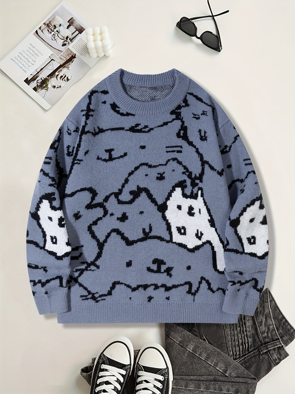 Herren Knit Sweater mit niedlichem Katzenprint