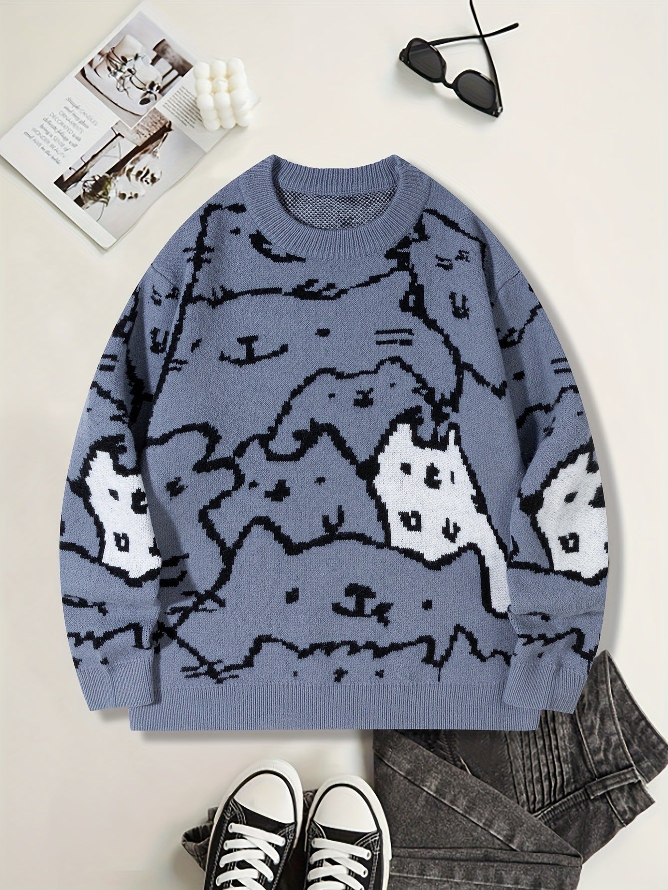 Herren Knit Sweater mit niedlichem Katzenprint