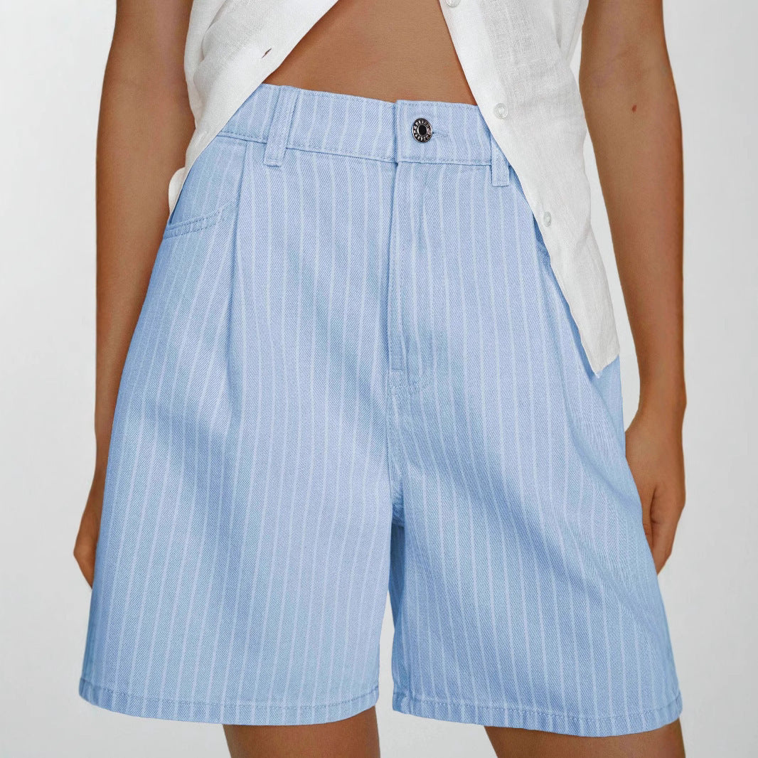 Gestreifte High-Waist Denim Shorts in Übergrössen