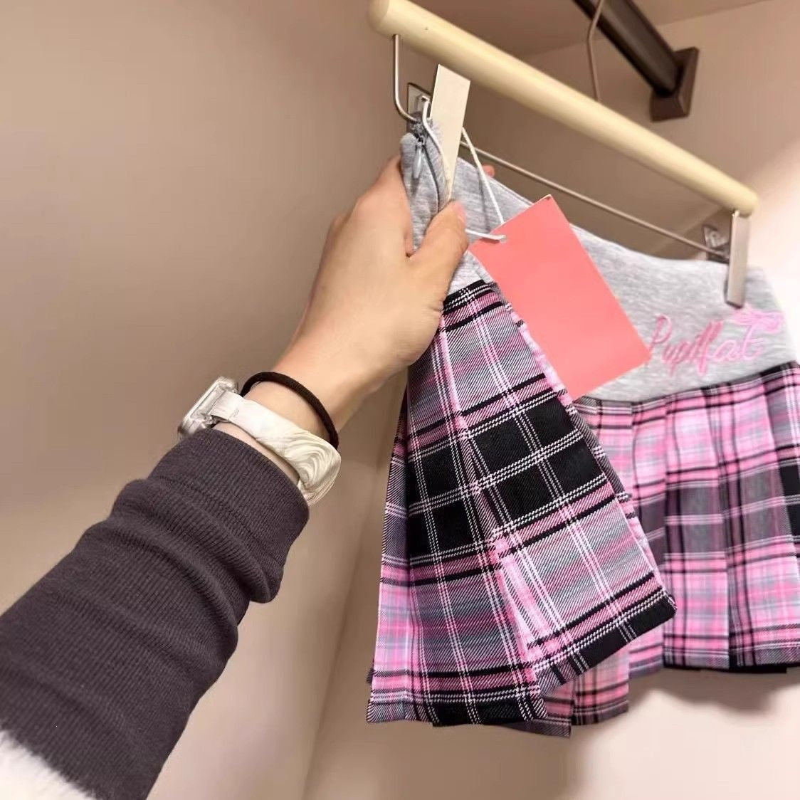 Plaid-Plissee-Rock mit hoher Taille und A-Linie, Midi-Länge