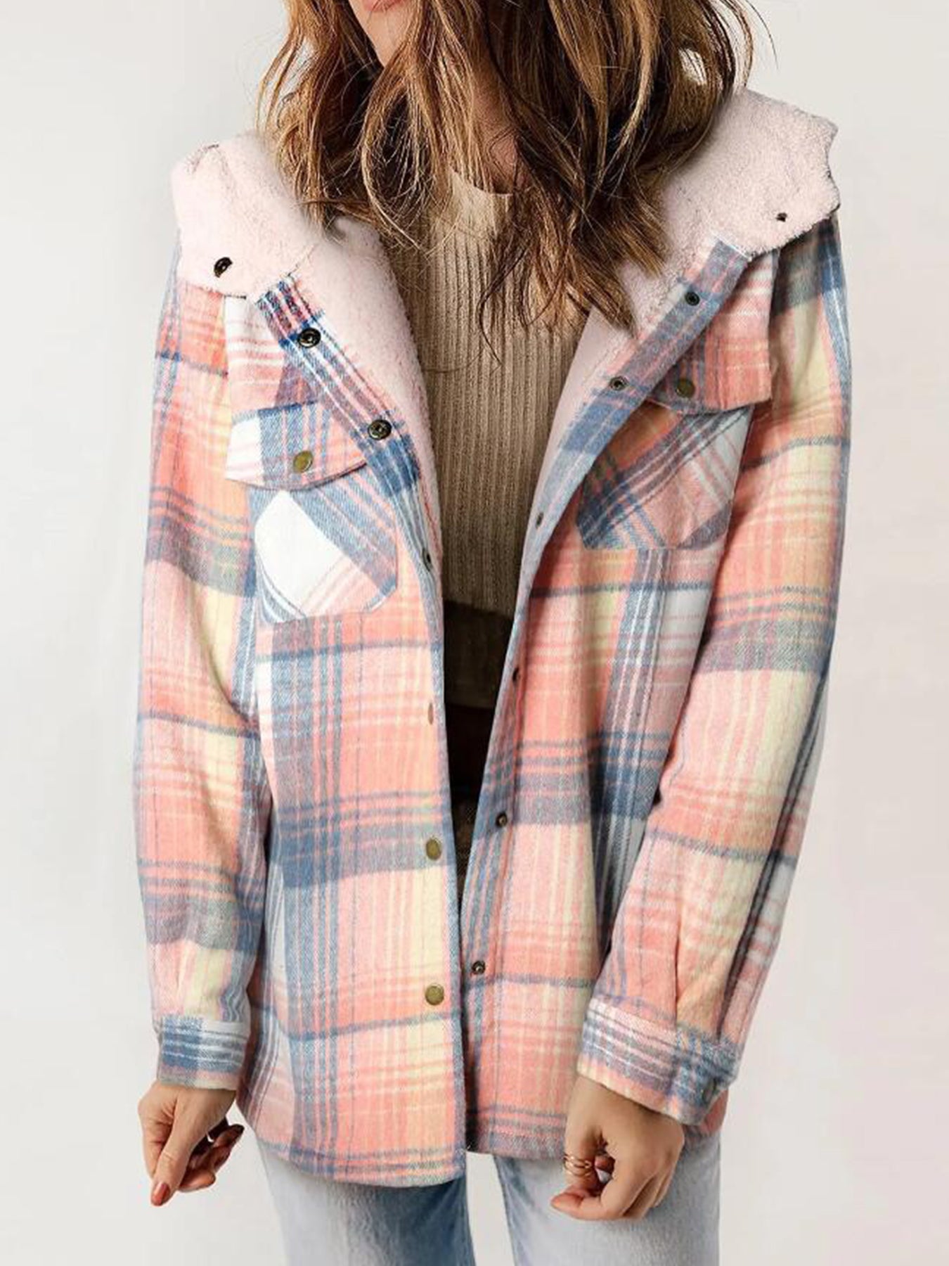 Karierte Fleece-gefütterte Kapuzenjacke für Damen