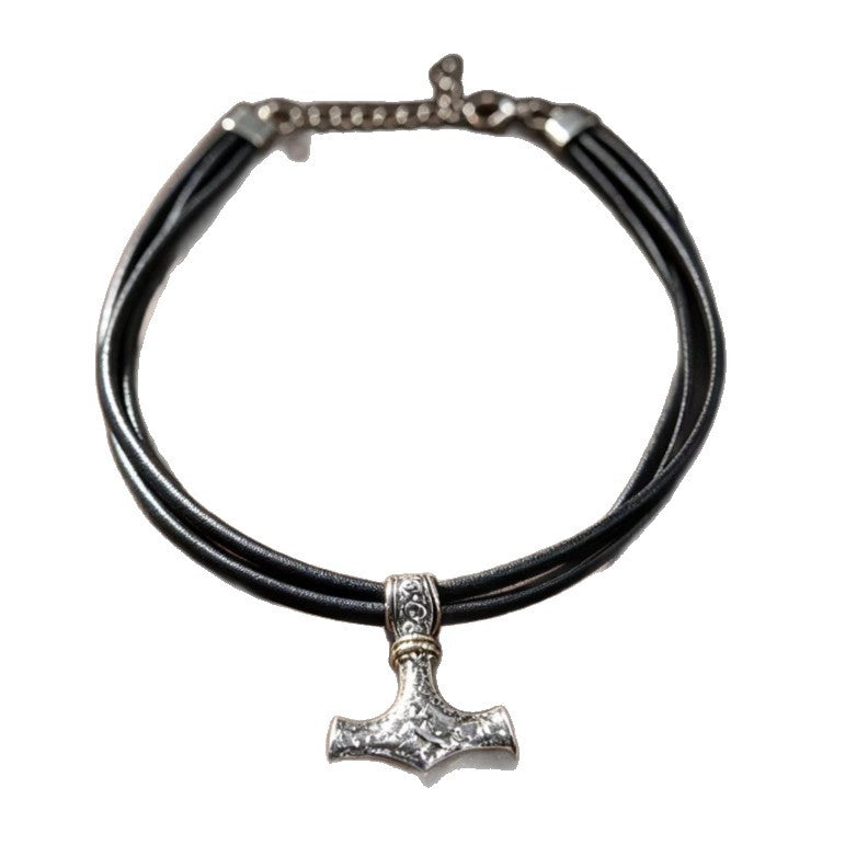 Vintage Nordischer Thors Hammer Anhänger Lederseil Kette