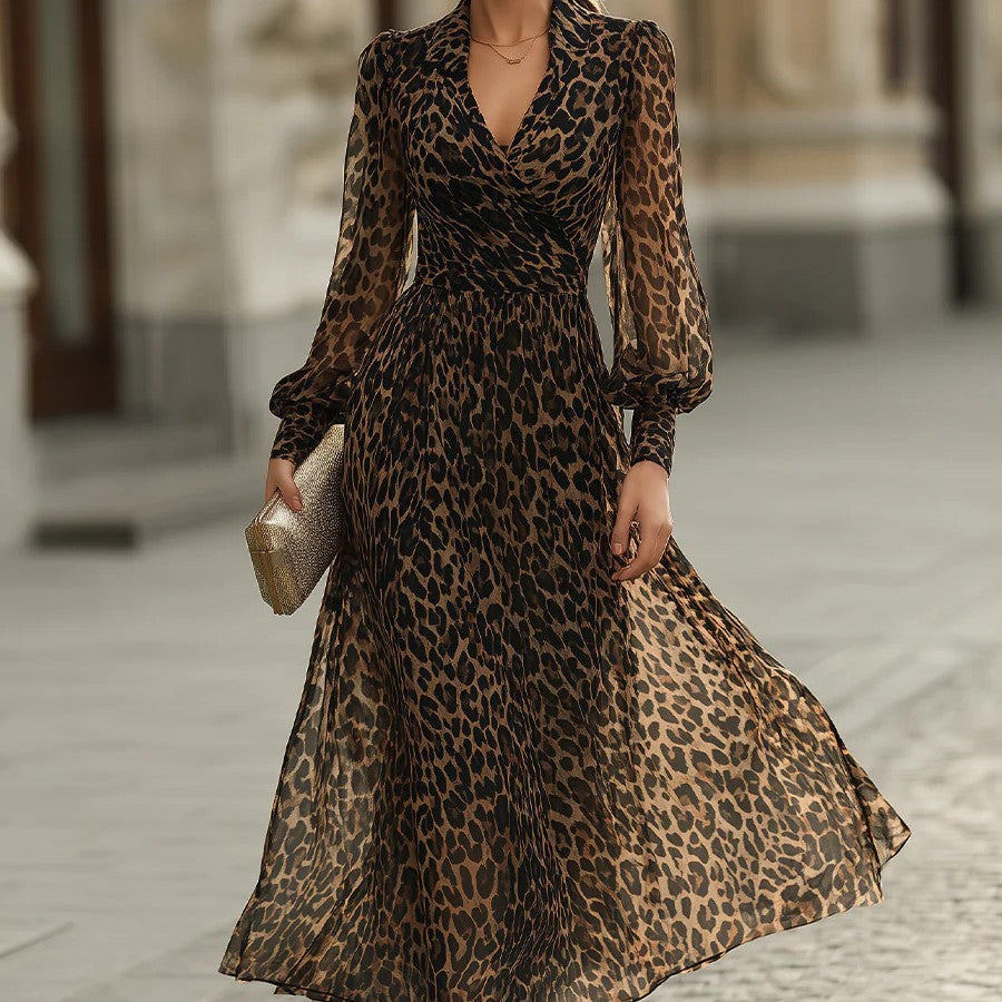 Langes V-Neck Kleid mit Leoparden-Print – Bild 3 | LuxeStyle