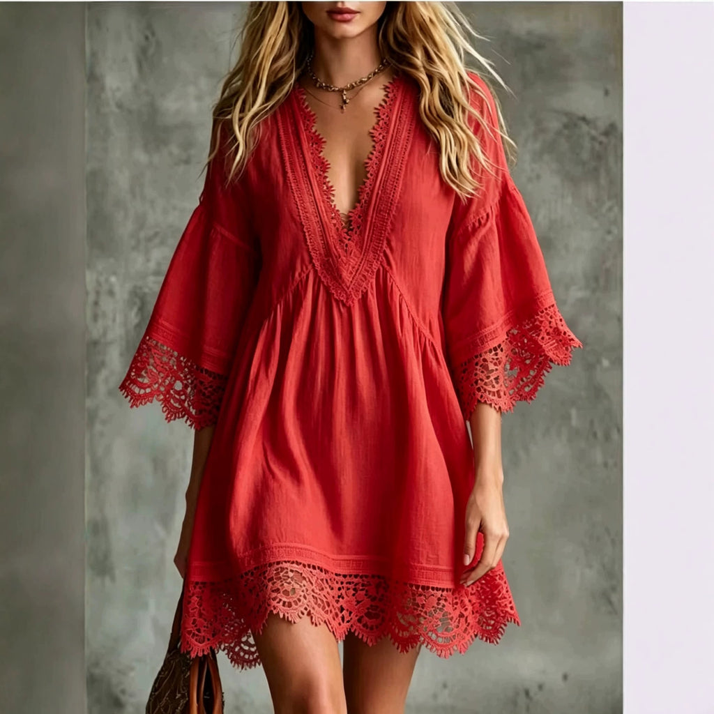 Elegantes Midi-Kleid mit V-Ausschnitt & Spitze