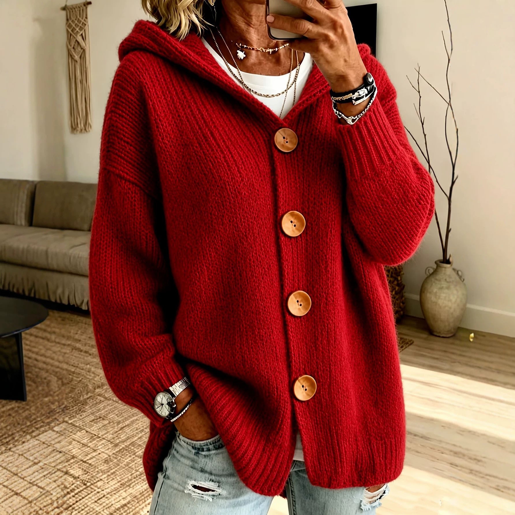 Cardigan mit Kapuze und vier Knöpfen