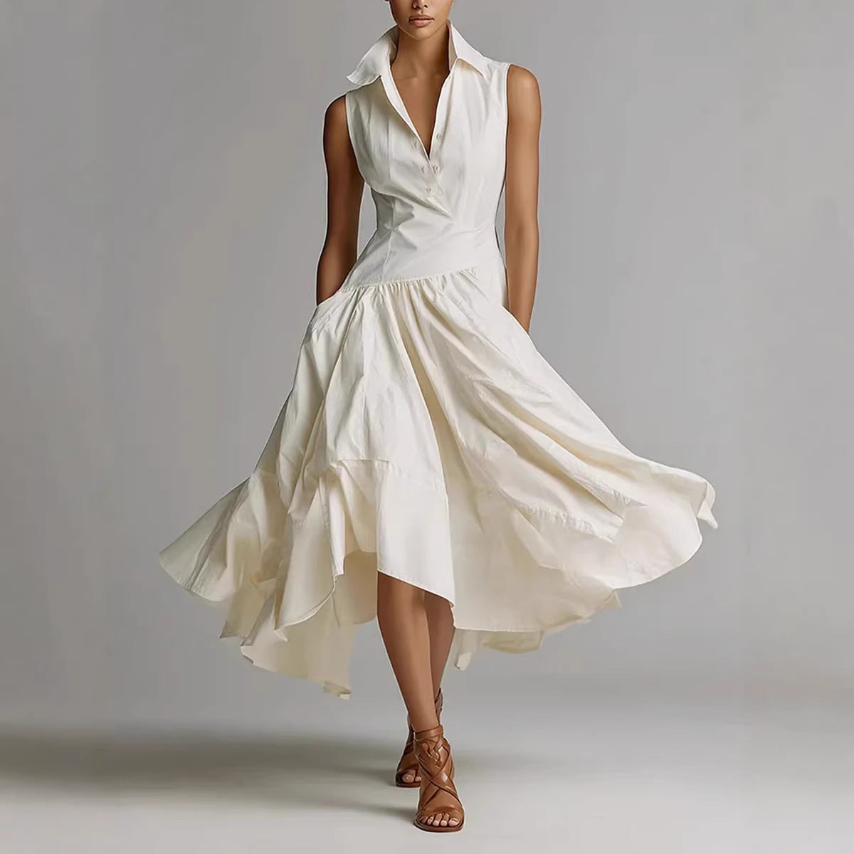 Ärmelloses Midikleid mit Hemdkragen