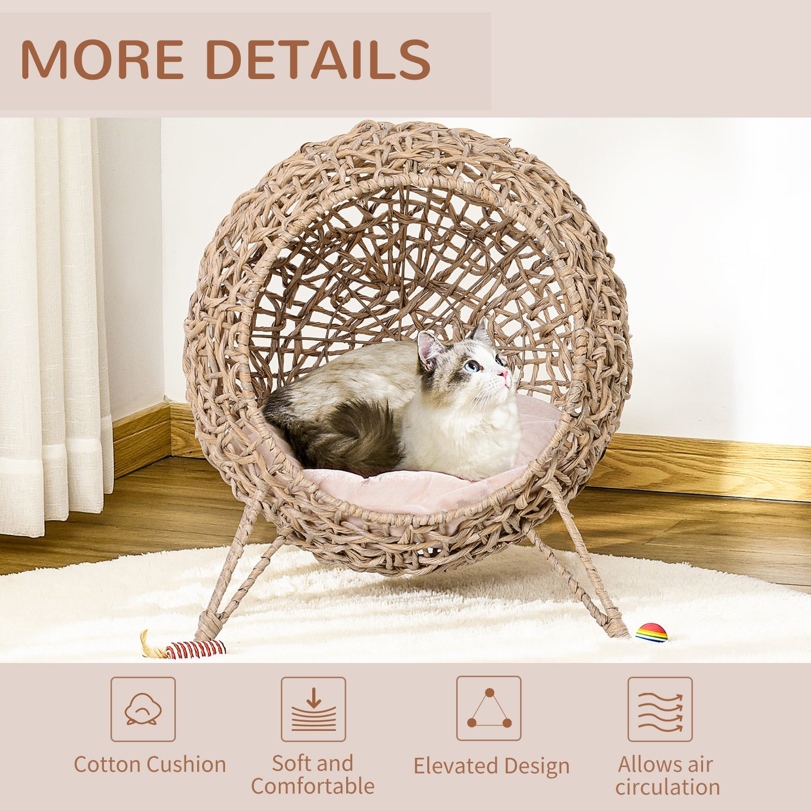 Elevierter Wicker-Katzenkorb mit Polster, Beige