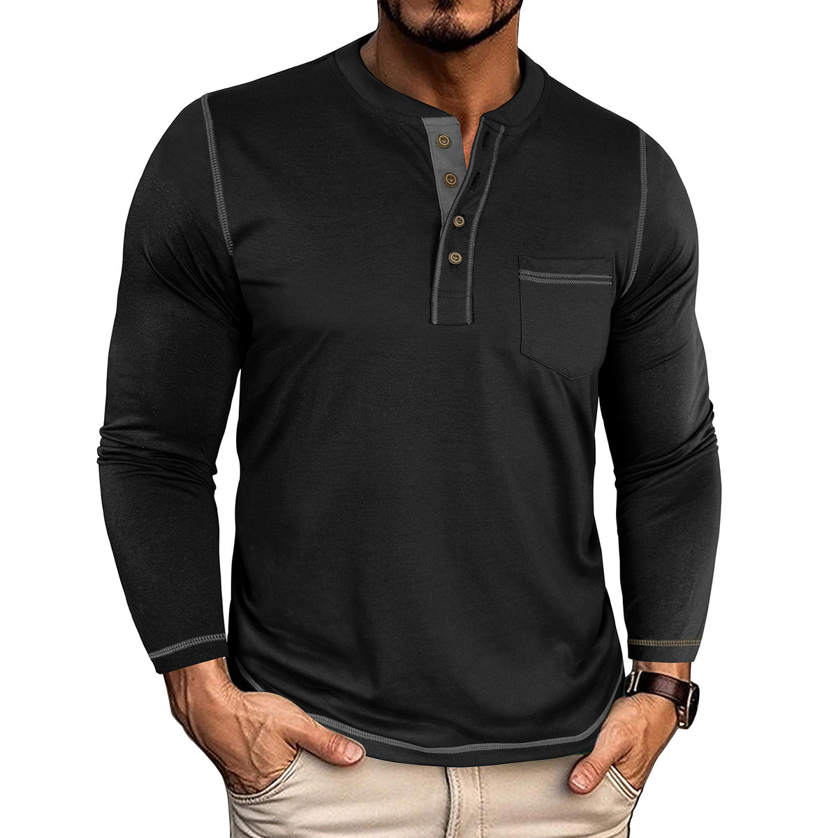 Langarm-T-Shirt mit Henley-Tasche – Bild 10 | LuxeStyle