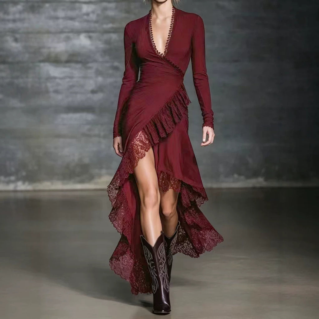 A-Linien-Kleid mit V-Ausschnitt und Spitze – Bild 3 | LuxeStyle