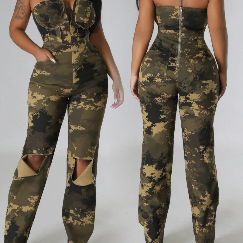Off-Shoulder Camouflage Jumpsuit