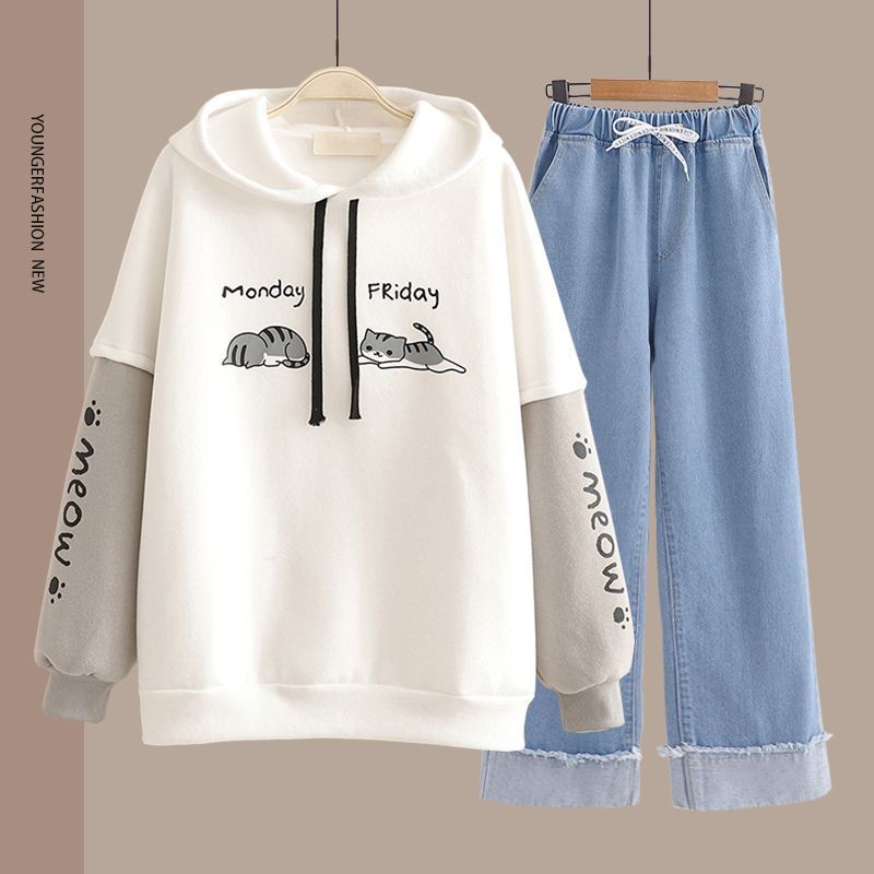 Hoodie-Set mit geradem Bein im Preppy-Stil