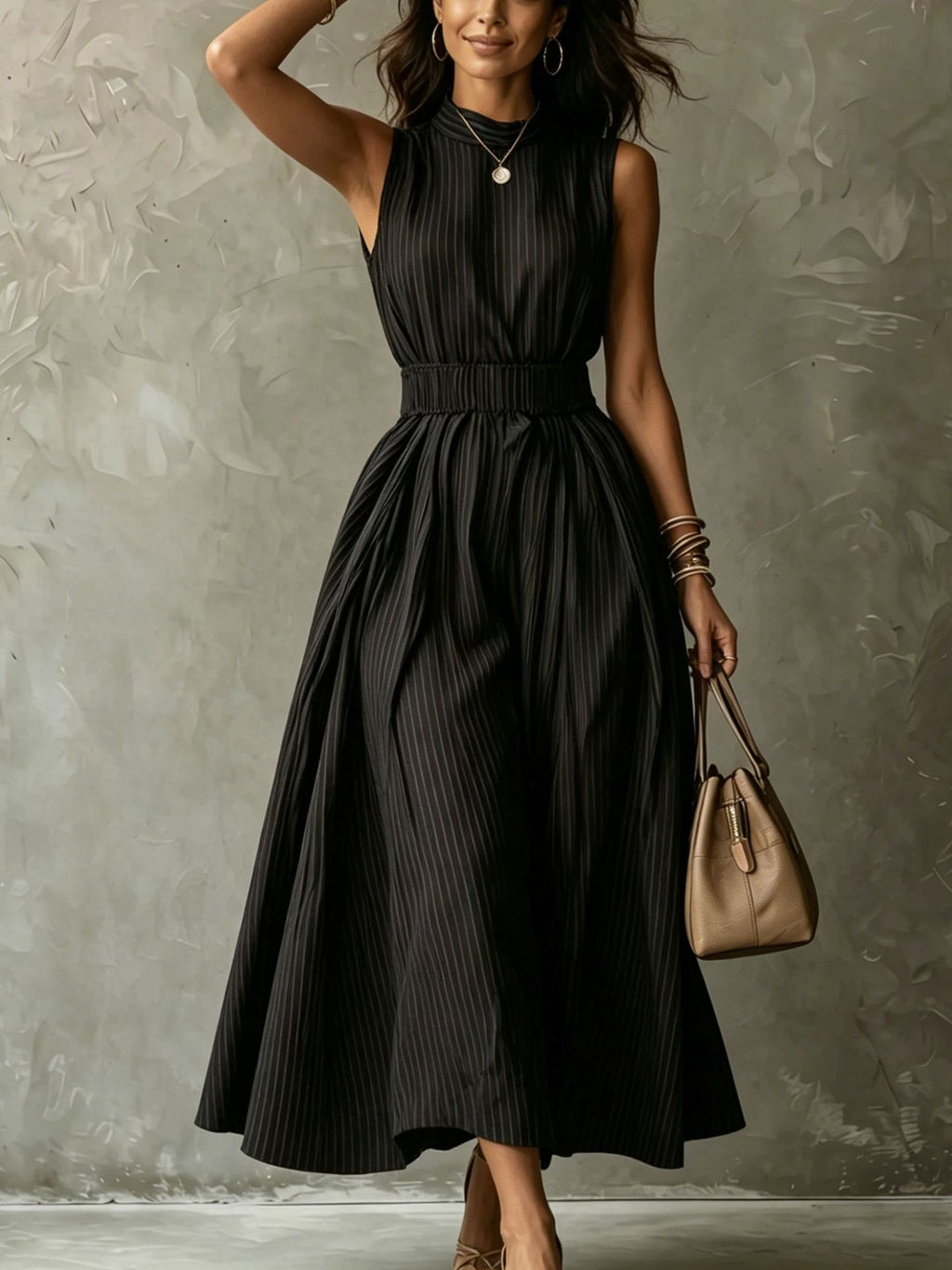 Ärmelloses Streifen-Kleid mit Taillenumspielung – Bild 5 | LuxeStyle
